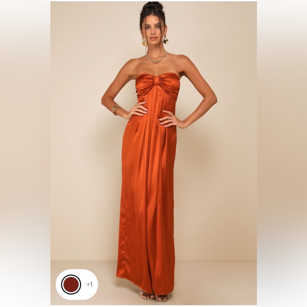 NWT Memorable Entrance Rust Orange Strapless Satin Maxi Dress from Lulus